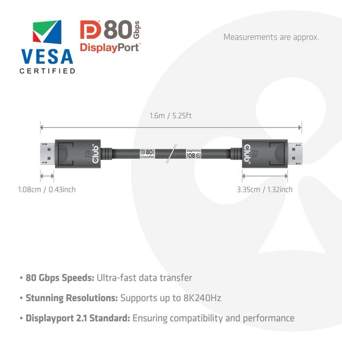 Club3D CAC-1092 DisplayPort 2.1 (Male to Male), длина 1.6 метра.