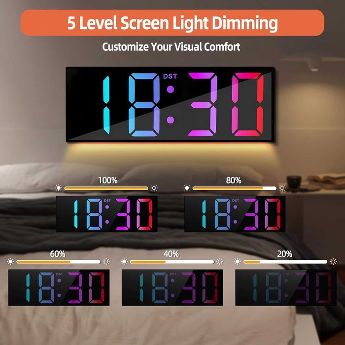 Дигитален Стенен Часовник 12" RGB LED с Дистанционно, Дата и Будилник