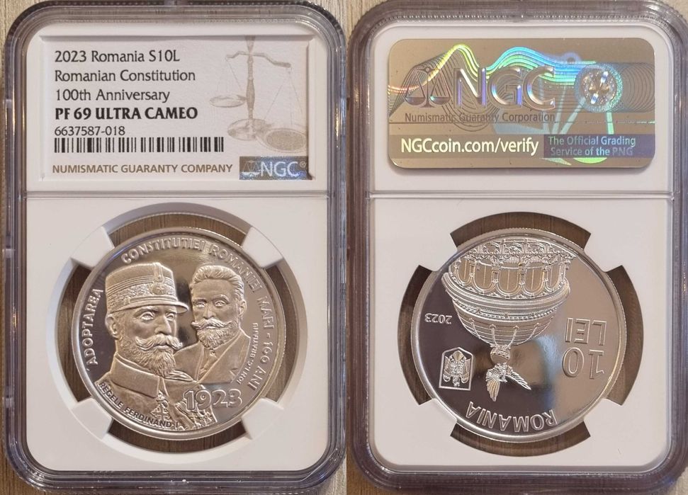 Moneda BNR 10 lei argint, Constitutia Romaniei Mari, gradata NGC PF 69