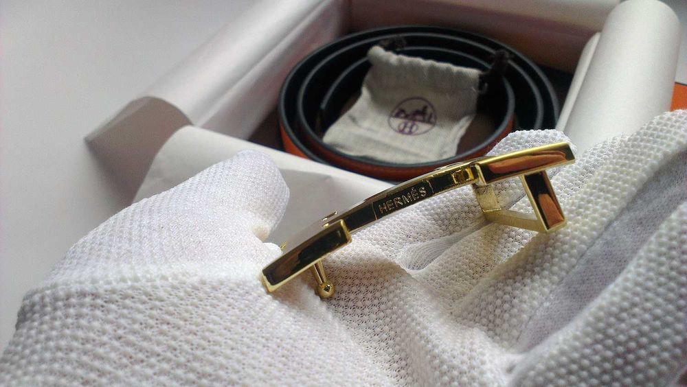 Колан hermes 118см 32mm дволицев Noir\ Gold ( кафяв / черен катарама златна )