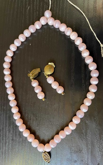 Set Vintage Argint marcat Silver Colier și Cercei Klips Mărgele Roz Opalescente efect ochi de pisică