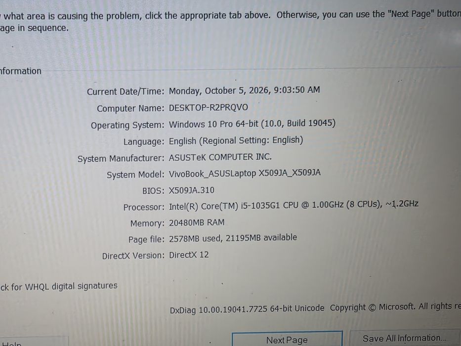 Laptop Asus x509JA I5 gen10 \20 giga ram \480 ssd