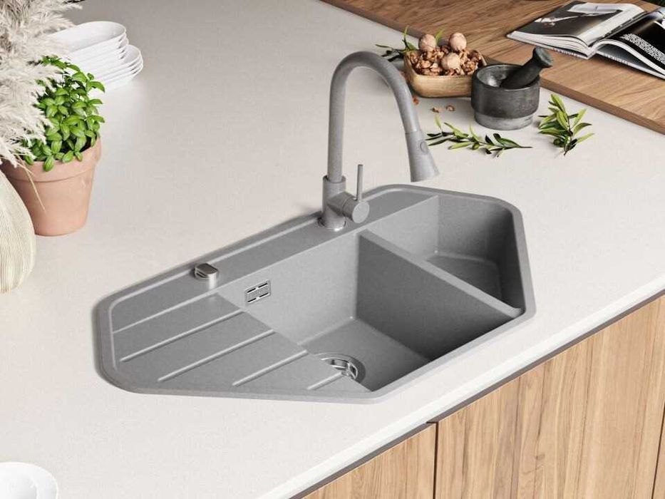Сива ъглова кухненска гранитна мивка Копенхаген 900 Corner 900x500 мм