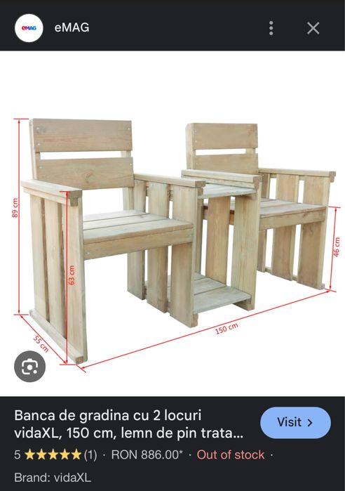 Banca de gradina cu 2 locuri vidaXL, 150 cm, lemn de pin tratat, 46 kg