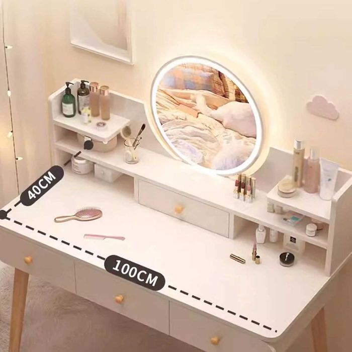 Masa toaletă cu oglindă LED tactilă, cu rafturi și sertare