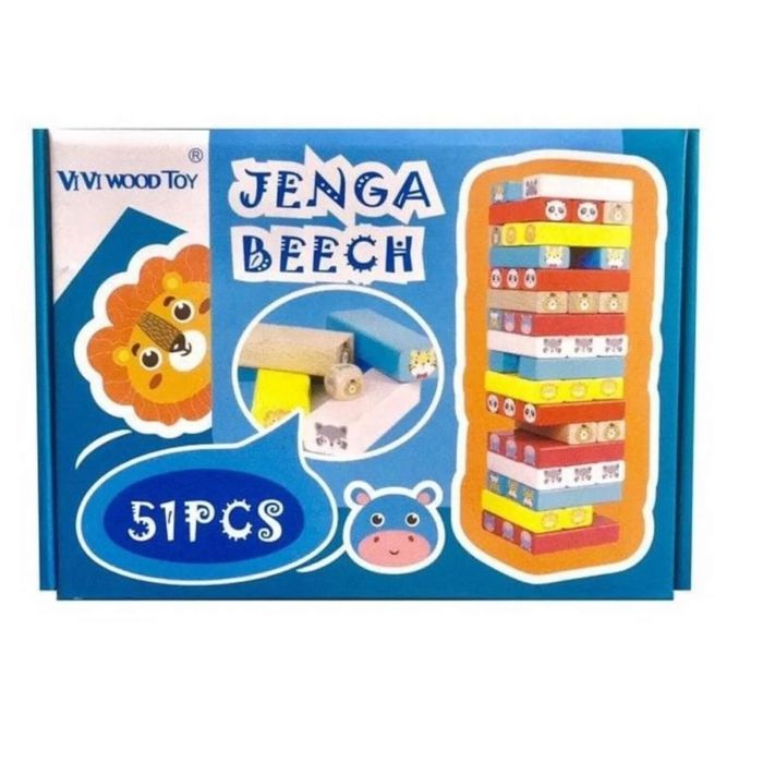 Игра Нестабилна кула Jenga, Монтесори, дървена, с Животни, 51 части