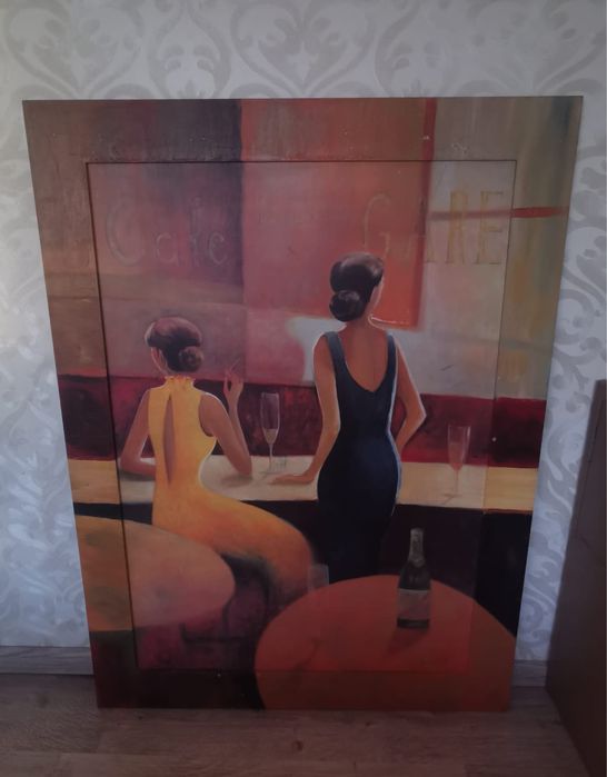 Антикварна картина две жени в кафене голяма в рамка без паспарту