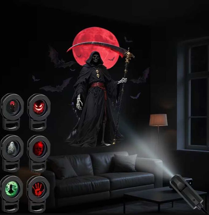 LED проектор лампа за Halloween Хелоуин, 6 хорър прожекции, с USB декорация, украса