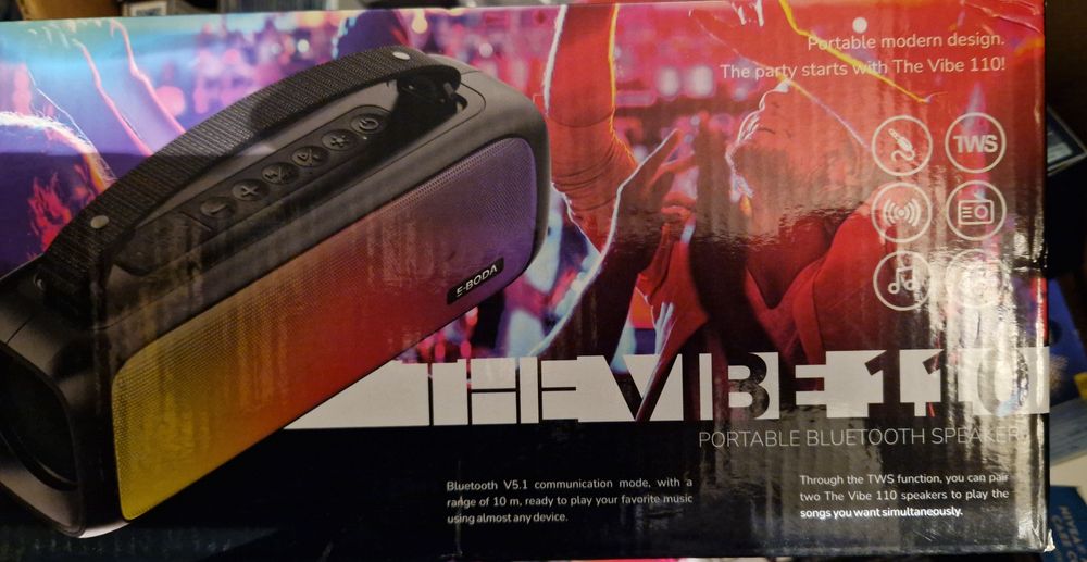 Boxa portabila E-BODA The Vibe 110, Bluetooth, USB, Radio FM, RGB, negru