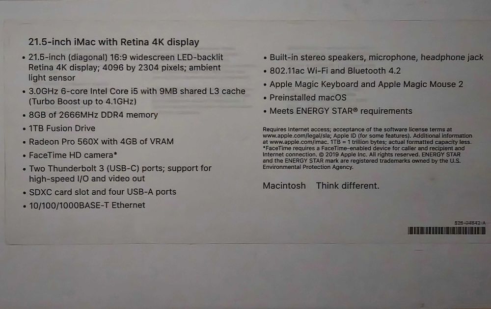 iMac 21.5 inch Retina 4K Display i5 8GB mem 1TB Fusion Drive an 2019