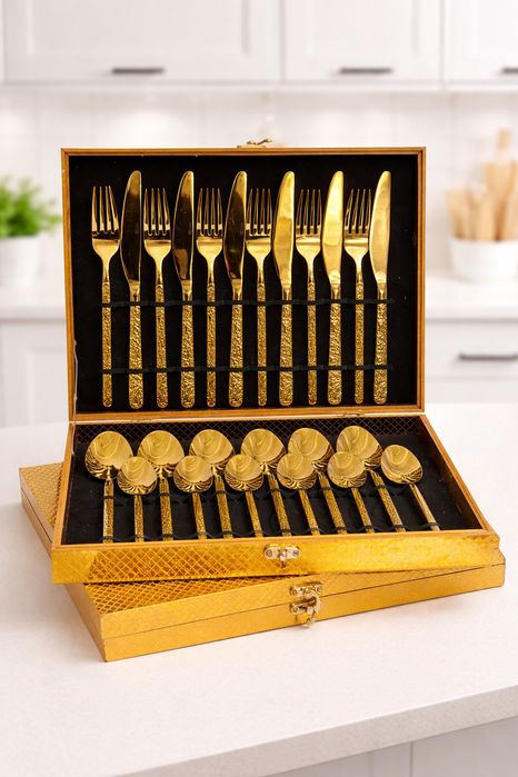 Set tacamuri aurii din inox, finisaj premium, 24 piese, pentru 6 persoane, cutie cadou inclusa, Craft