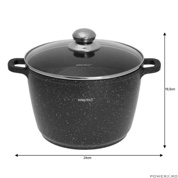 Oala din aluminiu turnat, cu strat marmorat, cu capac din sticla, 24