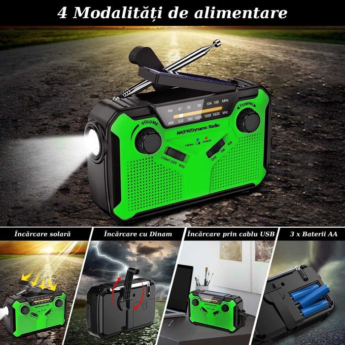 Radio Portabil Camping, cu Incarcare Solara, Baterie 4000 mAh