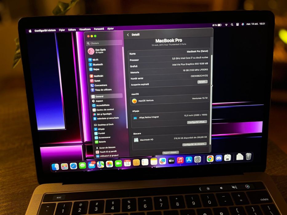 MacBookPro 14,2 13 Inch i7 16Gb RAM 256GB