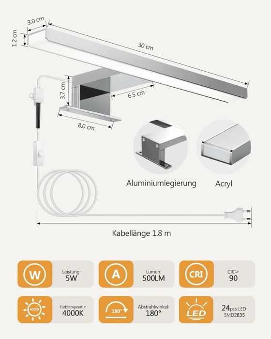 Aplica LED oglinda baie 30cm IP44 5W lumina neutra