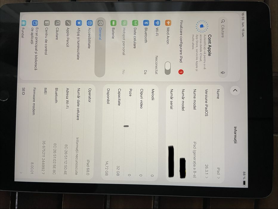 Ipad 8 cellular (cu Sim) 32 GB in stare foarte buna de functionare