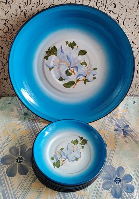 Эмалированный ляган и тарелки.