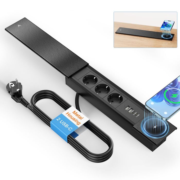 Разклонител за вграждане/3 гнезда/15W безжично зарядно/2 USB-C PD 30 W/2 USB-A порта, Inox капак
