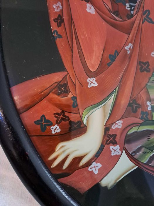 tablou asiatic vechi pictura sticla rama lemn 58,5/42,5 cm