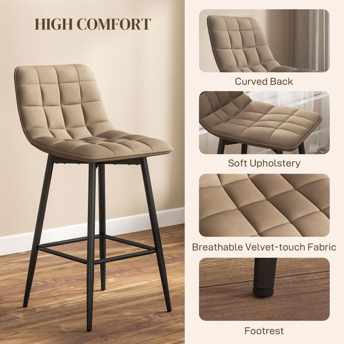 Scaune de bar Nordic cu spătar și suport pentru picioare, 84 cm - din catifea și metal, maro