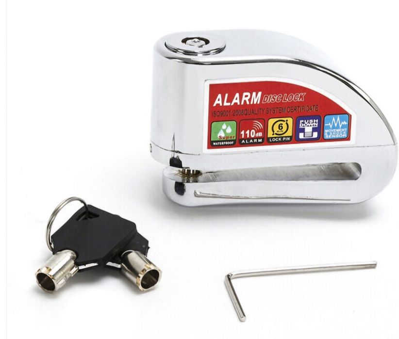 Antifurt moto blocare disc frana cu alarma, cromat+senzor miscare NOU!