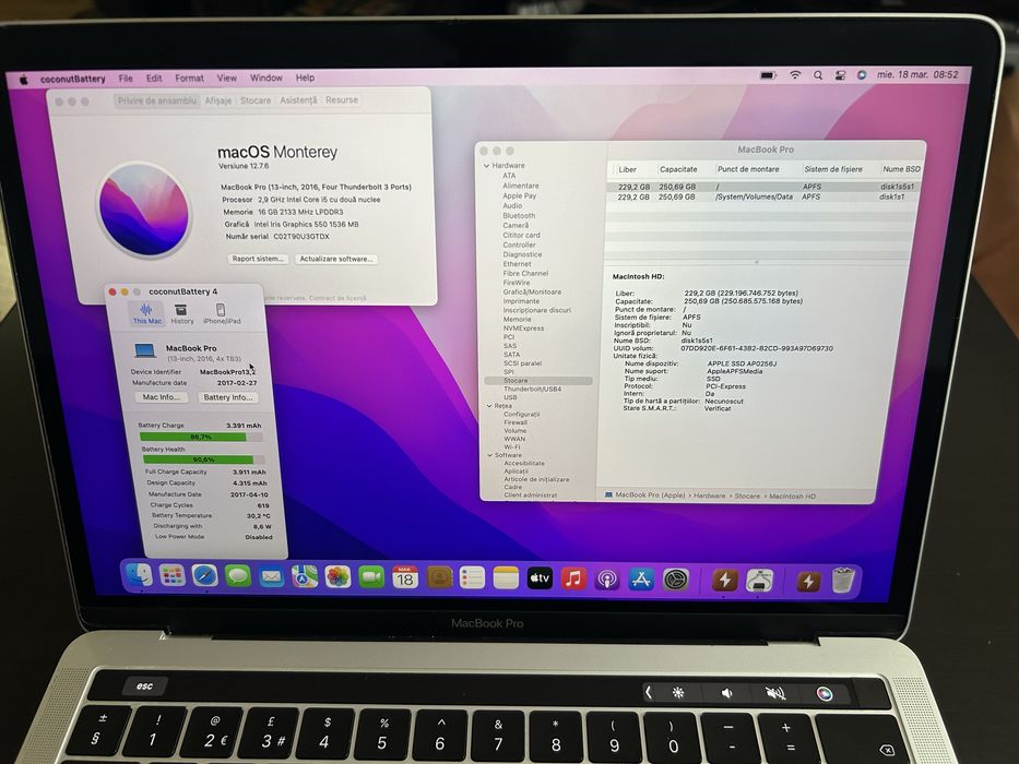 Macbook Pro 13" A1706 i5 16 GB RAM 256 GB SSD 619 cicluri