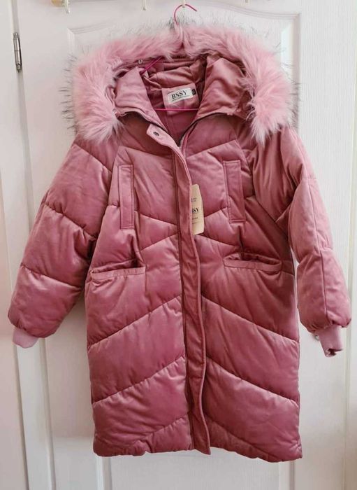 Дамско Дълго Зимно Яке Кадифе, Розово, с изкуствена козина топло, вата