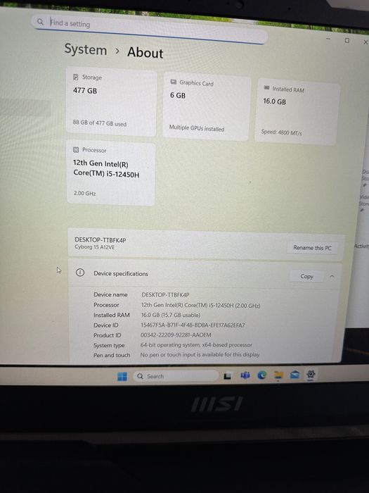 Laptop Gaming MSI , RTX 4050 , I5 12450h , DDR5