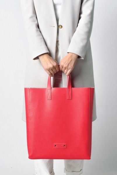 дамска чанта PLIK Classic Leather Tote Bag / Paper Bag Raspberry