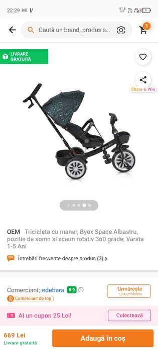 Tricicleta Byox Space cu poziție de somn și scaun rotativ 360.