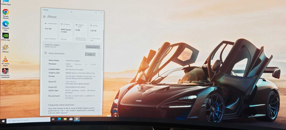 Продавам Гейм РС Ryzen 5 5500/16Gb/256Gb SSD+1TB HDD/ 1660 Super/Гаран