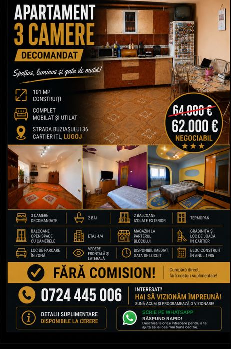 Apartament 3 camere decomandat | 101 mp construiți | Complet mobilat și utilat | Stada Buziașului 36-Cartier ITL | 62.000 € negociabil