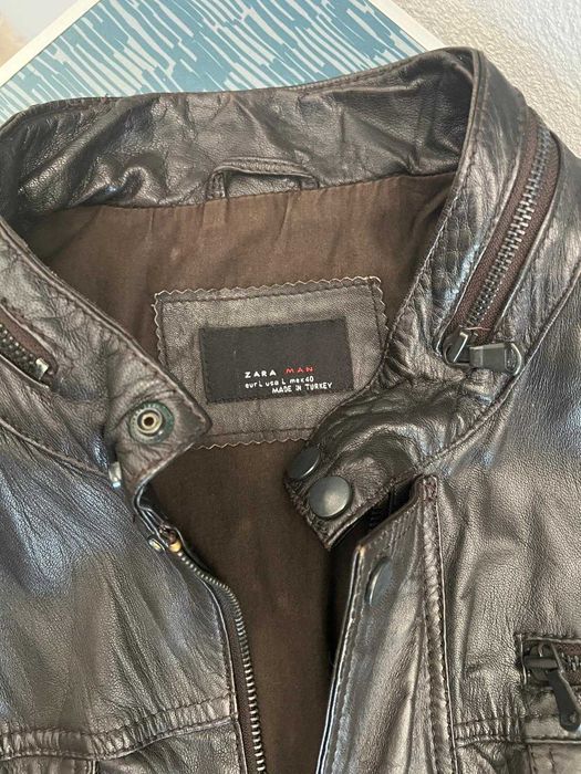 Geacă de piele bărbați ZARA MAN, mărimea L, neagră – piele naturală, model bomber