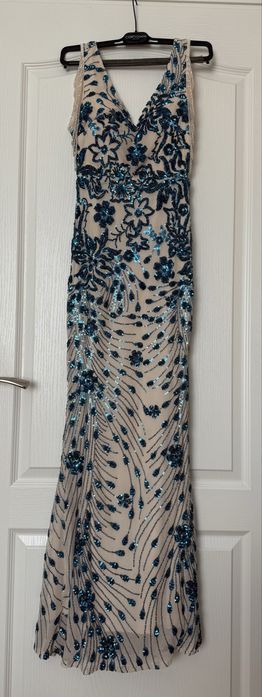 Дамска официална рокля Kalinnu – бежова с тюркоазени пайети. Размер S