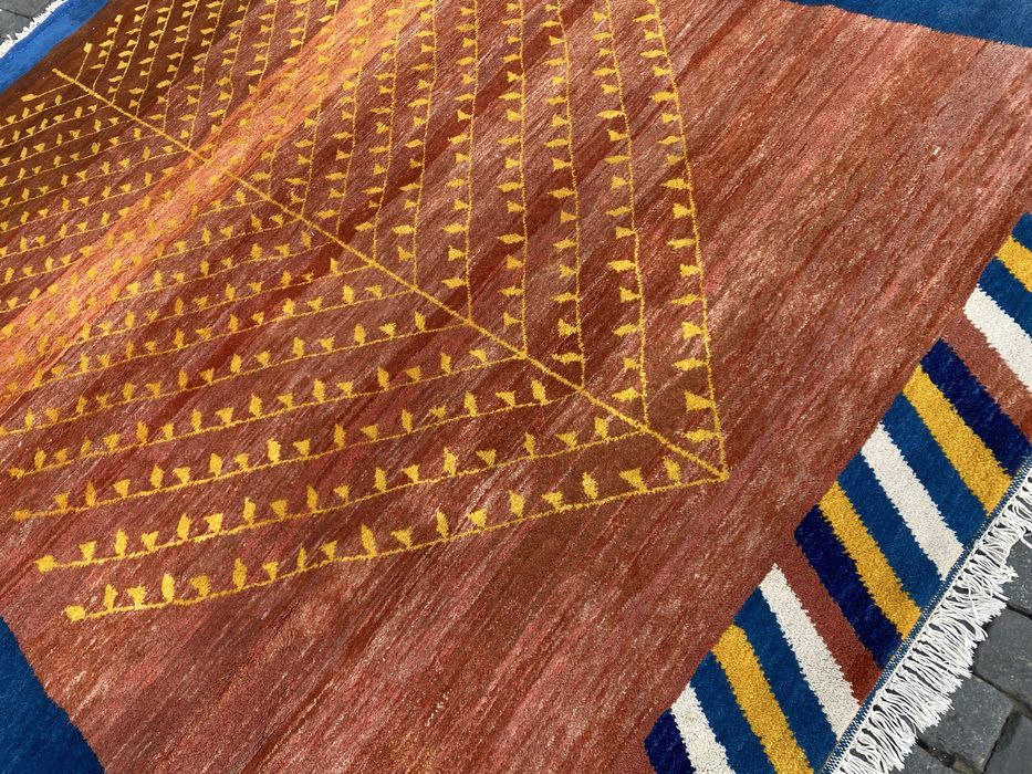 Винтидж индийски вълнен килим India 1980 геометричен ръчна изработка