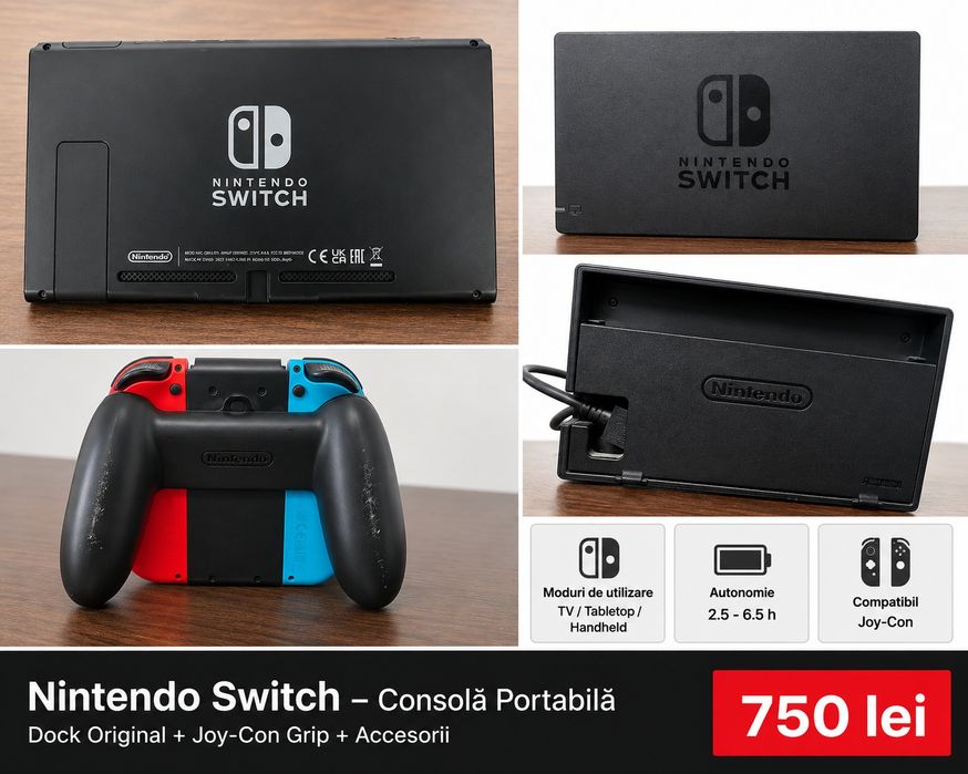 Nintendo Switch + Dock original + Joy-Con Red/Blue + Grip – complet