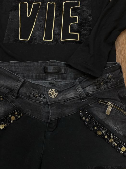 Balmain,Raw Denim сет, Сатенен комплект черен, С размер