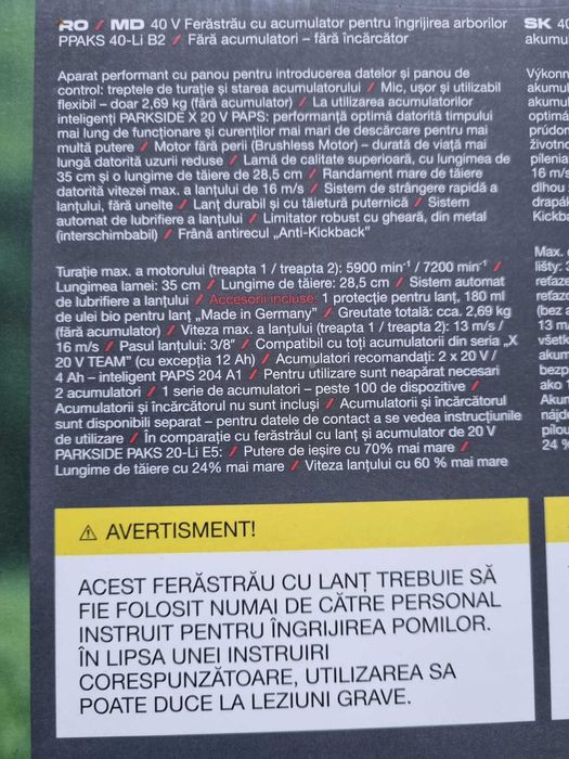 Drujba electrica cu acumulatori performance Parkside PPAKS 40-Li B2 sigilata, 5 ani garantie