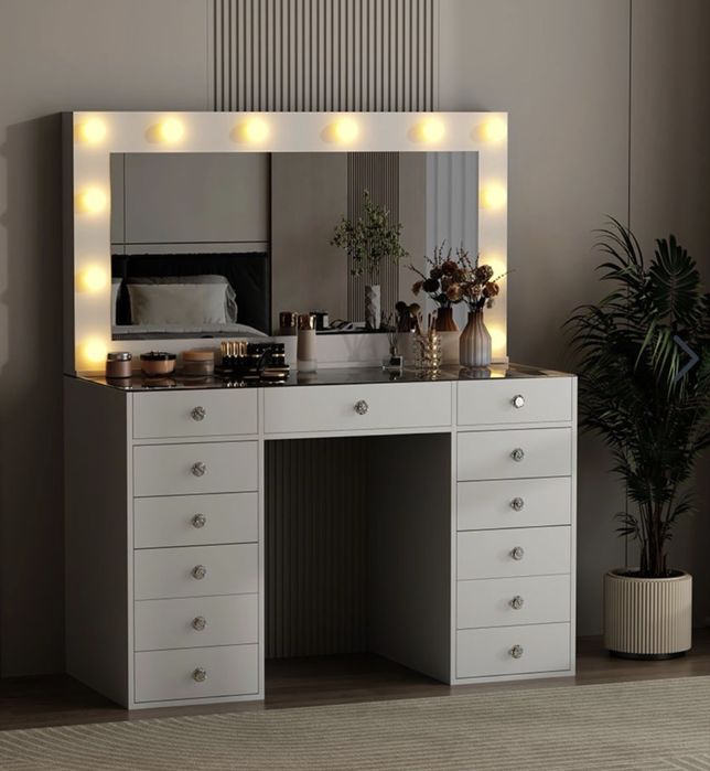 Тоалетка бяла будоар холивудско огледало