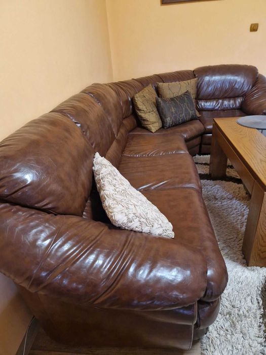 Ъглов кожен диван Най-висок клас еко кожа с табуретка