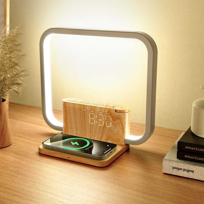 Lampă birou LED cu ceas și încărcare wireless 10W