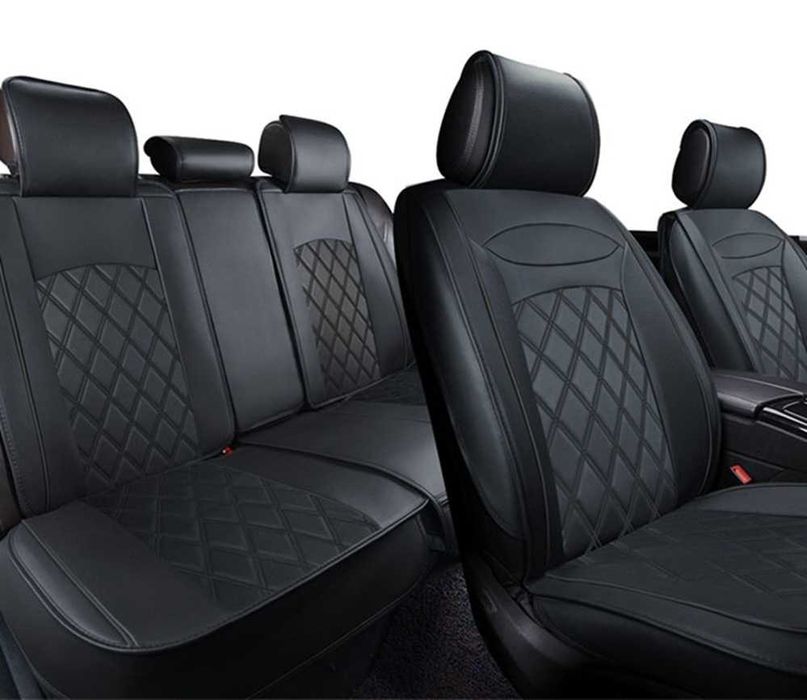 Комплект луксозна Кожена тапицерия за автомобил - Черен/Черен шев.