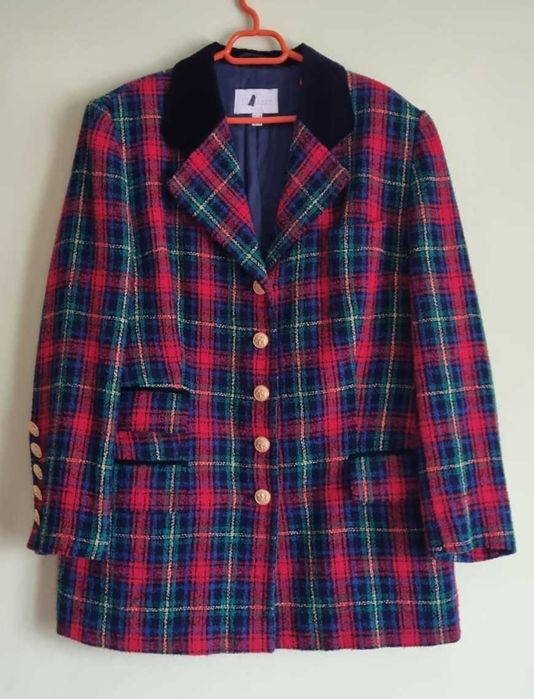 Sacou, lana boucle 87%, model tartan, marimea L-XL