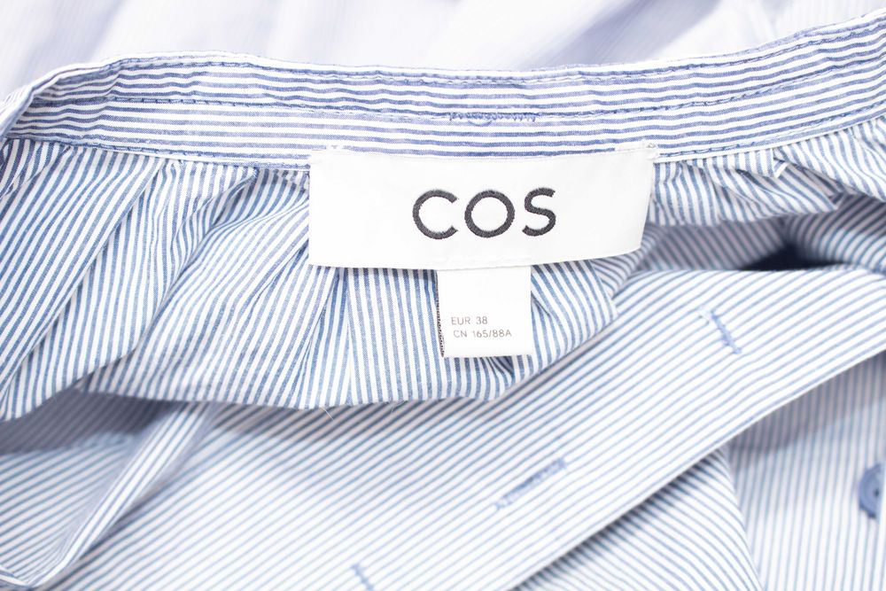 COS дамска риза синьо райе балон ръкави памук овърсайз 38 S