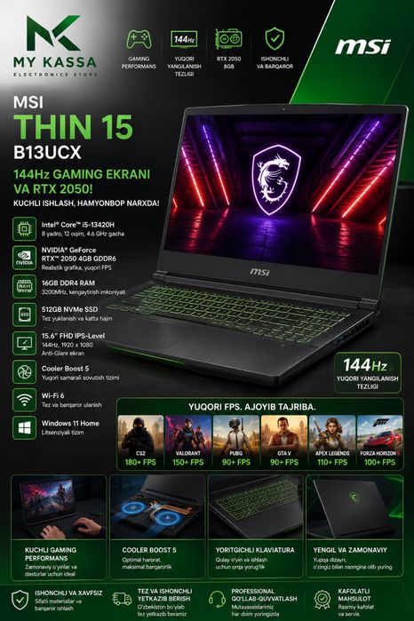 MSI Thin 15 144Hz / i5-13420H / RTX 2050 / 8GB / SSD 512GB