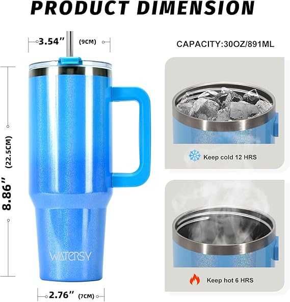 Чаша със сламка и капак, неръждаема стомана с двойна стена, 891мл