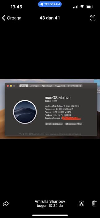 Apple Macbook Pro 2015 15 inch. Ssd 1 tb.16 gb operativka.core I7