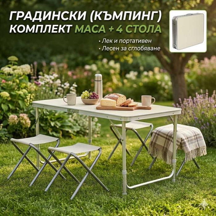 Сгъваем къмпинг комплект маса с 4 стола алуминиев регулируема височина 120x60