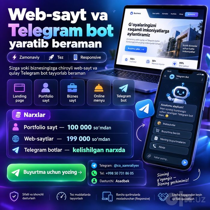 Web sayt va Telegram bot yaratib beraman 100000 somdan