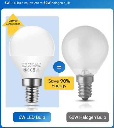 LED крушка, комплект от 6 броя, E14 G45/P45, 6W, 600LM
